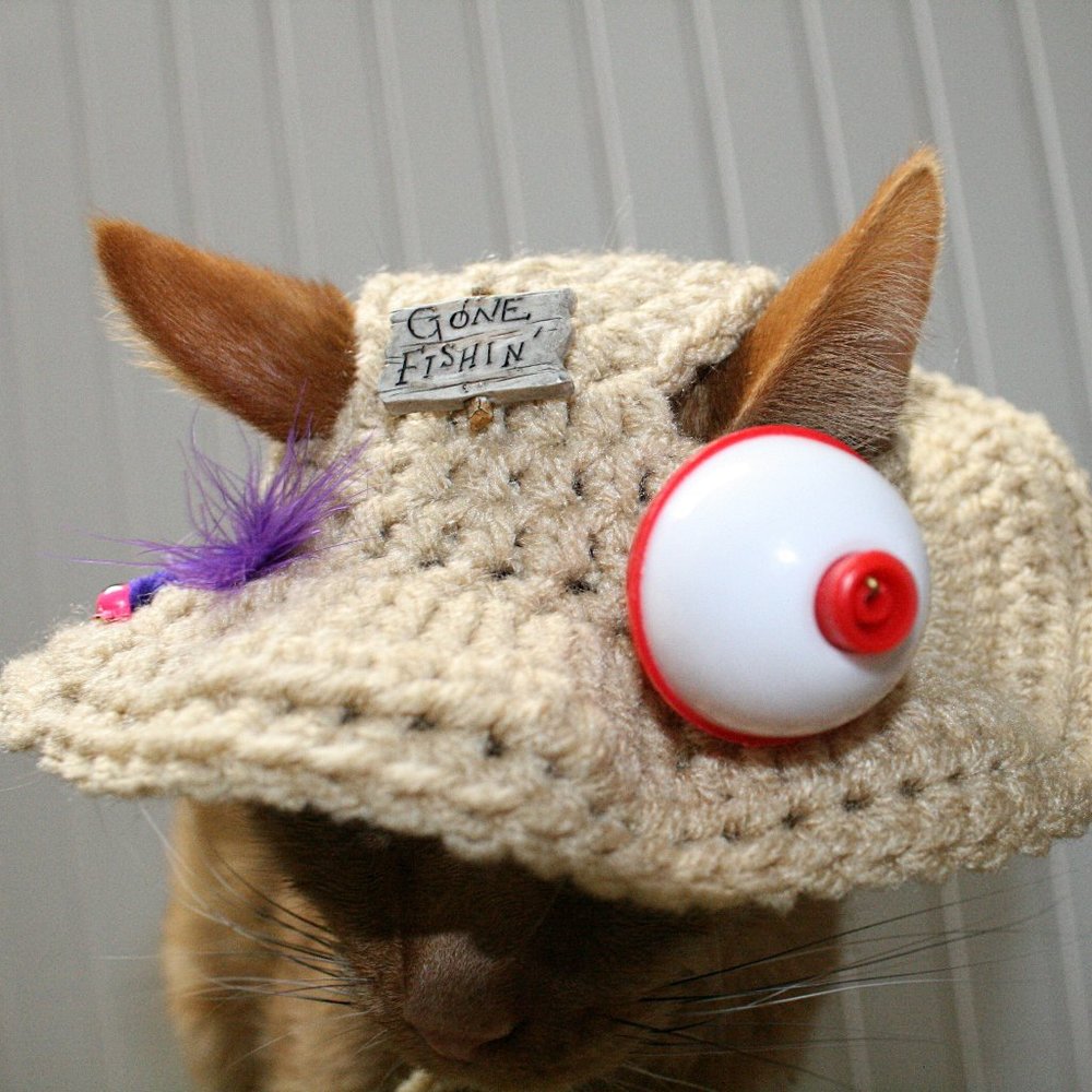 HAND CRAFTED Gone Fishing Cat Hat Crochet Hairy Wig Costume Photo Prop - Picture 5 of 15